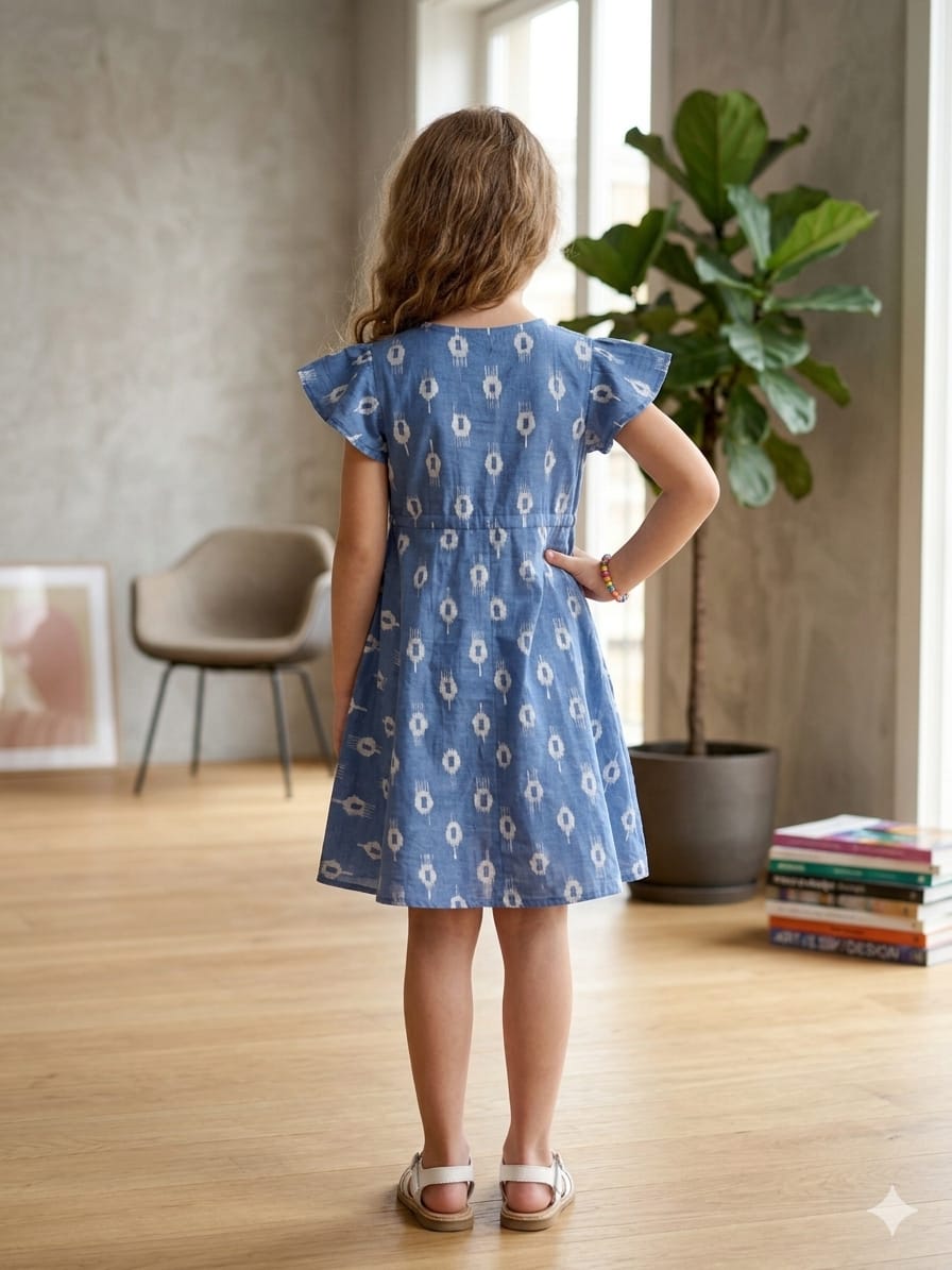 Mom & Me Blue Boota Printed Cotton Umbrella Style A-Line Dress with Drawstring Waist