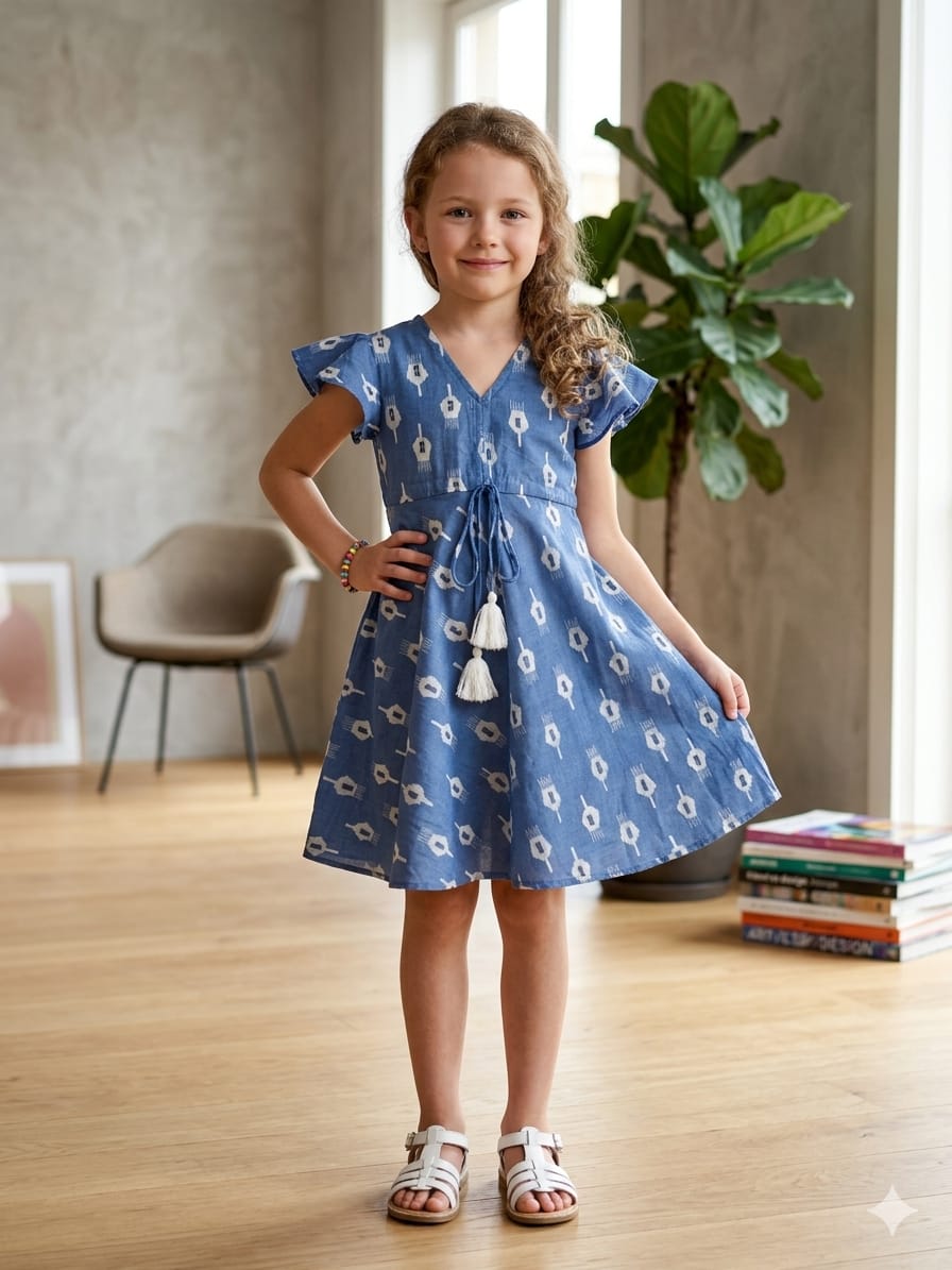 Mom & Me Blue Boota Printed Cotton Umbrella Style A-Line Dress with Drawstring Waist