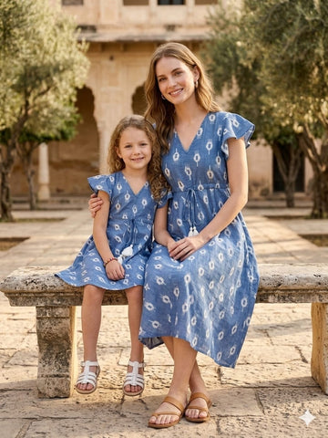 Mom & Me Blue Boota Printed Cotton Umbrella Style A-Line Dress with Drawstring Waist