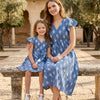 Mom & Me Blue Boota Printed Cotton Umbrella Style A-Line Dress with Drawstring Waist