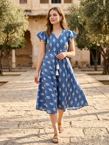 Women’s Blue Boota Printed Cotton Umbrella Style A-Line Dress with Drawstring Waist