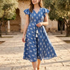 Women’s Blue Boota Printed Cotton Umbrella Style A-Line Dress with Drawstring Waist
