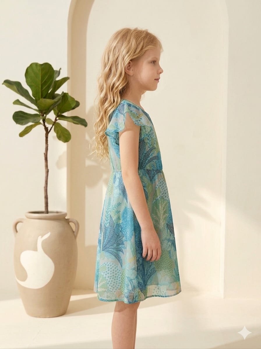 Baby Girls Blue Jaal Printed Chanderi Umbrella Style A-Line Dress with Flutter Sleeves