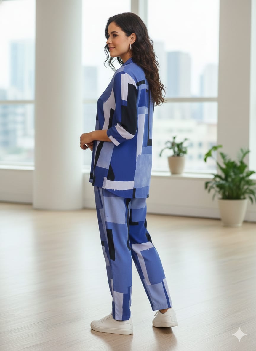 Women’s Blue Abstract Box Printed Rayon Shirt & Pant Co-Ord Set