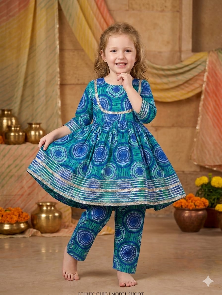 Baby Girl Circular Print Cotton Anarkali Kurta Set