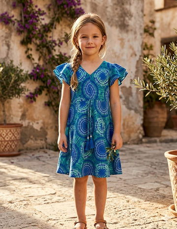 Baby Girls Circular Printed Cotton Umbrella Style A-Line Dress with Flutter Sleeves