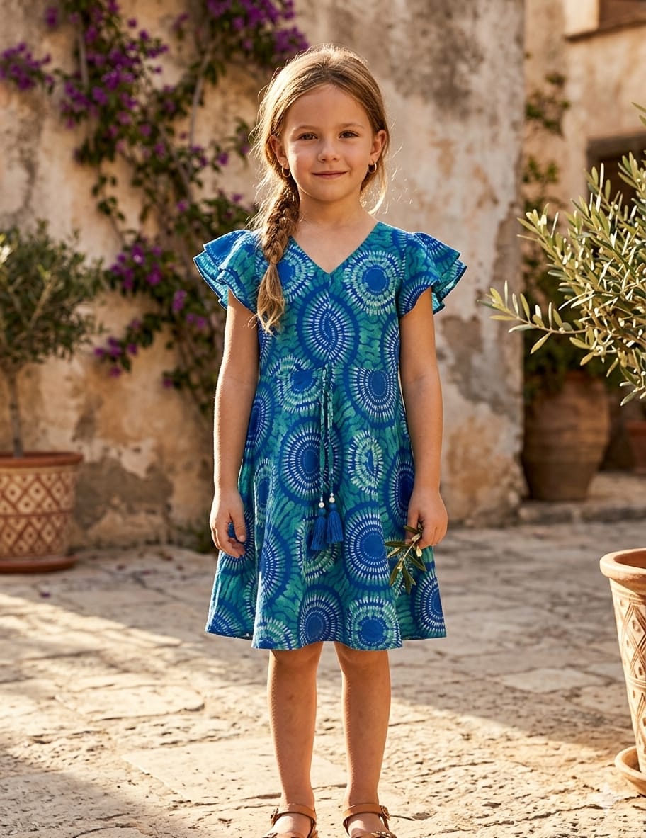 Baby Girls Circular Printed Cotton Umbrella Style A-Line Dress with Flutter Sleeves