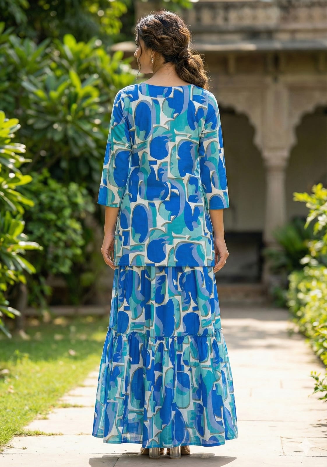 Women’s Blue Abstract Printed Rayon Kurta with Flared Skirt Set