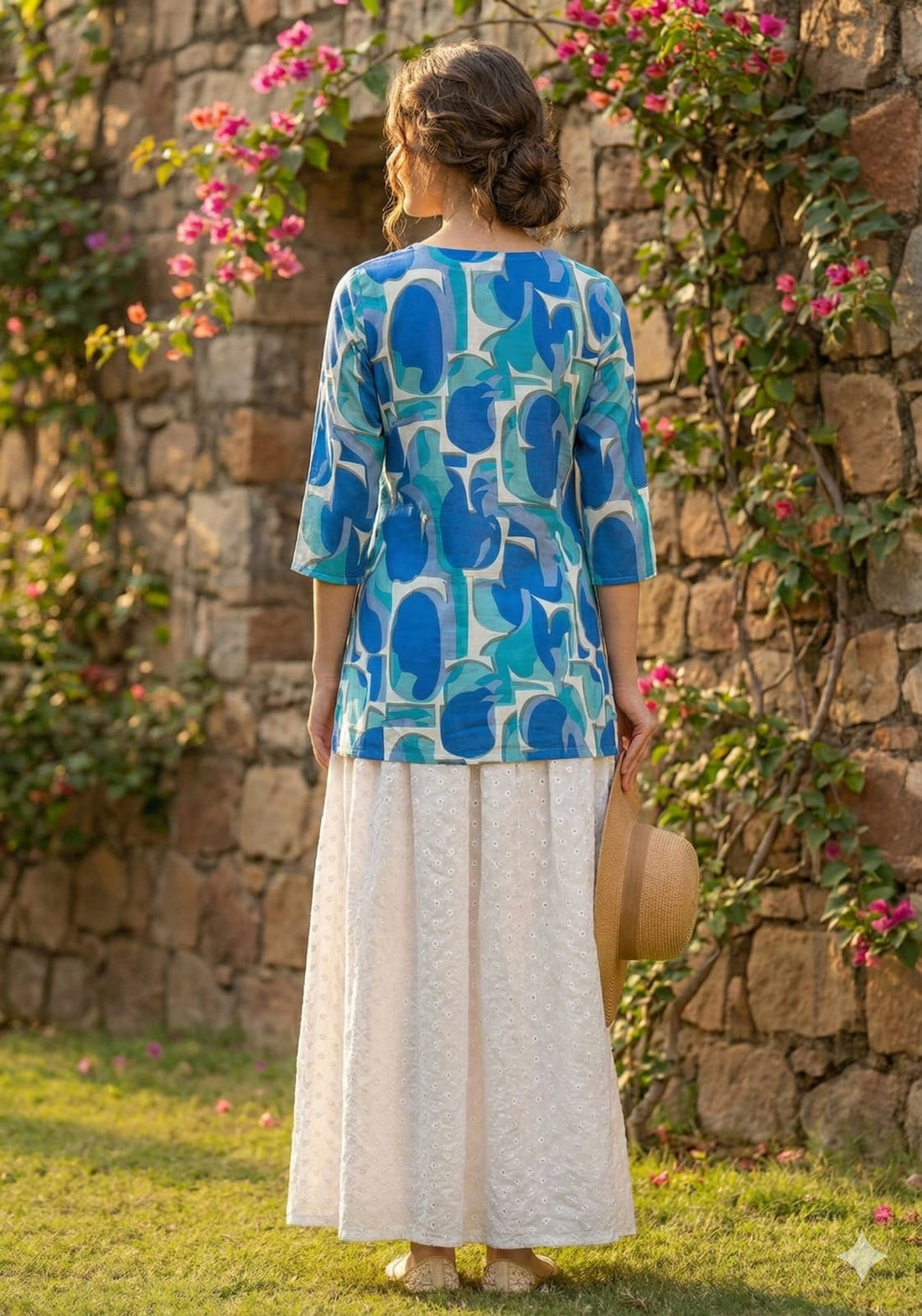 Women’s Blue Abstract Printed Rayon Kurta with Chikankari Flared Skirt Set