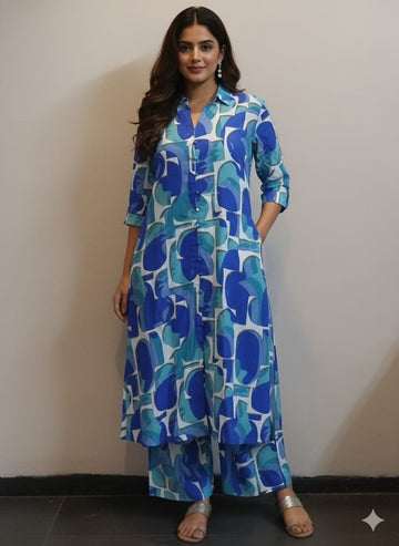 Women’s Blue Abstract Printed Rayon Kurta Set with Straight Pants