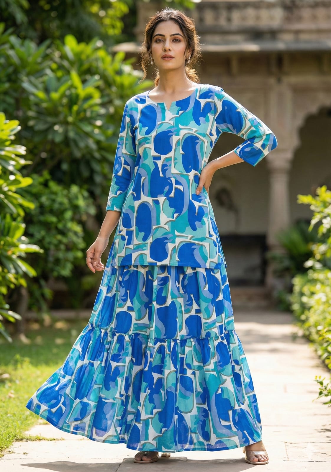 Women’s Blue Abstract Printed Rayon Kurta with Flared Skirt Set