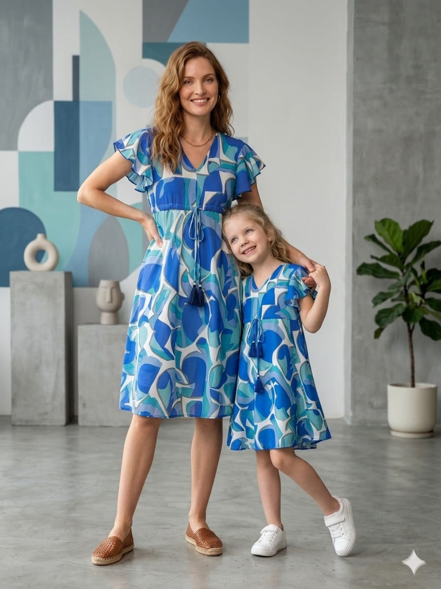 Mom & Me Blue Abstract Printed Rayon Umbrella Style A-Line Dress with Drawstring Waist