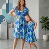 Mom & Me Blue Abstract Printed Rayon Umbrella Style A-Line Dress with Drawstring Waist