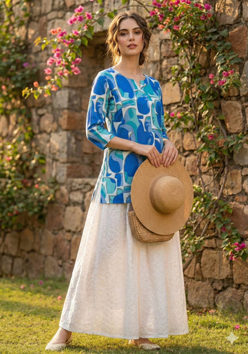 Women’s Blue Abstract Printed Rayon Kurta with Chikankari Flared Skirt Set