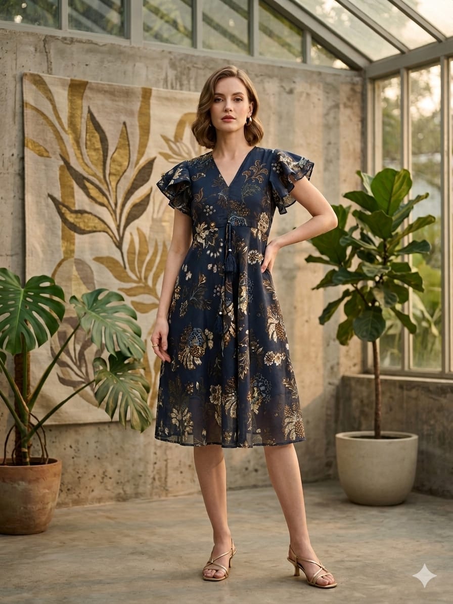 Mom & Me Blue Floral Printed Chanderi Umbrella Style A-Line Dress with Drawstring Waist