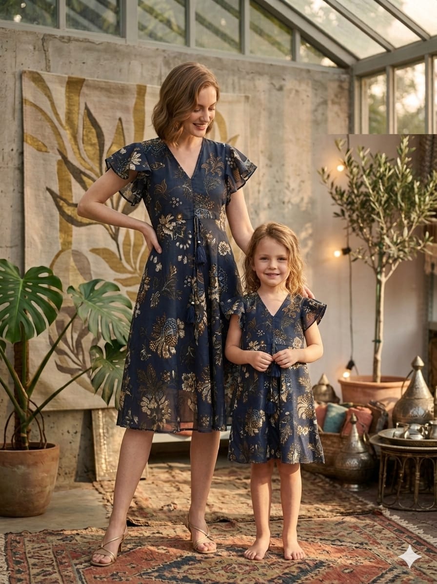 Mom & Me Blue Floral Printed Chanderi Umbrella Style A-Line Dress with Drawstring Waist