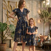 Mom & Me Blue Floral Printed Chanderi Umbrella Style A-Line Dress with Drawstring Waist
