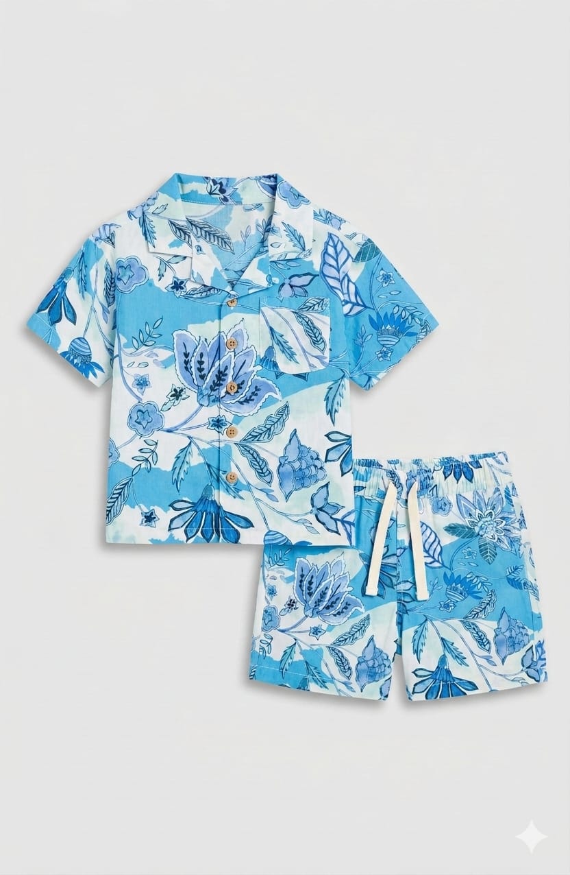 Boys Cotton Blue Floral Printed Shirt & Shorts Co-Ord Set