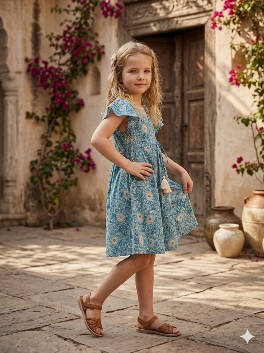 Mom & Me Blue Jaal Chanderi Umbrella Style A-Line Dress with Drawstring Waist