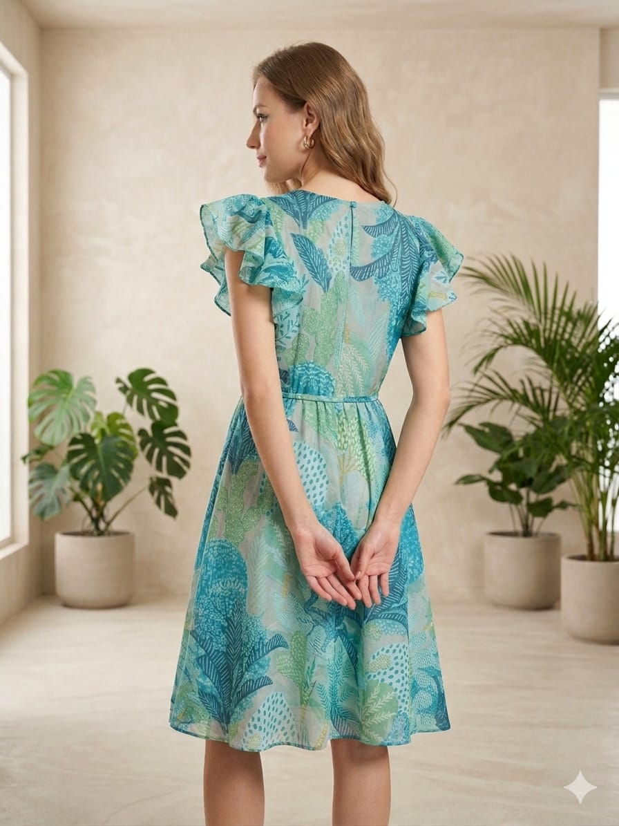 Women’s Blue Jaal Printed Chanderi Umbrella Style A-Line Dress with Drawstring Waist
