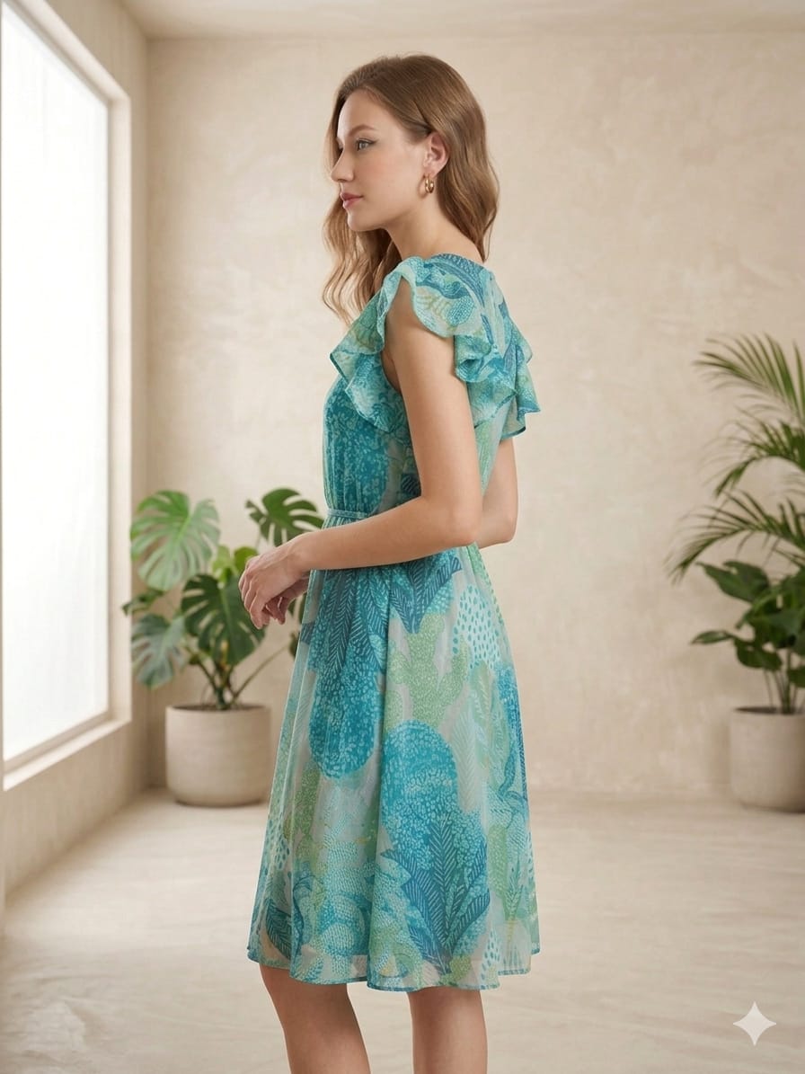 Women’s Blue Jaal Printed Chanderi Umbrella Style A-Line Dress with Drawstring Waist