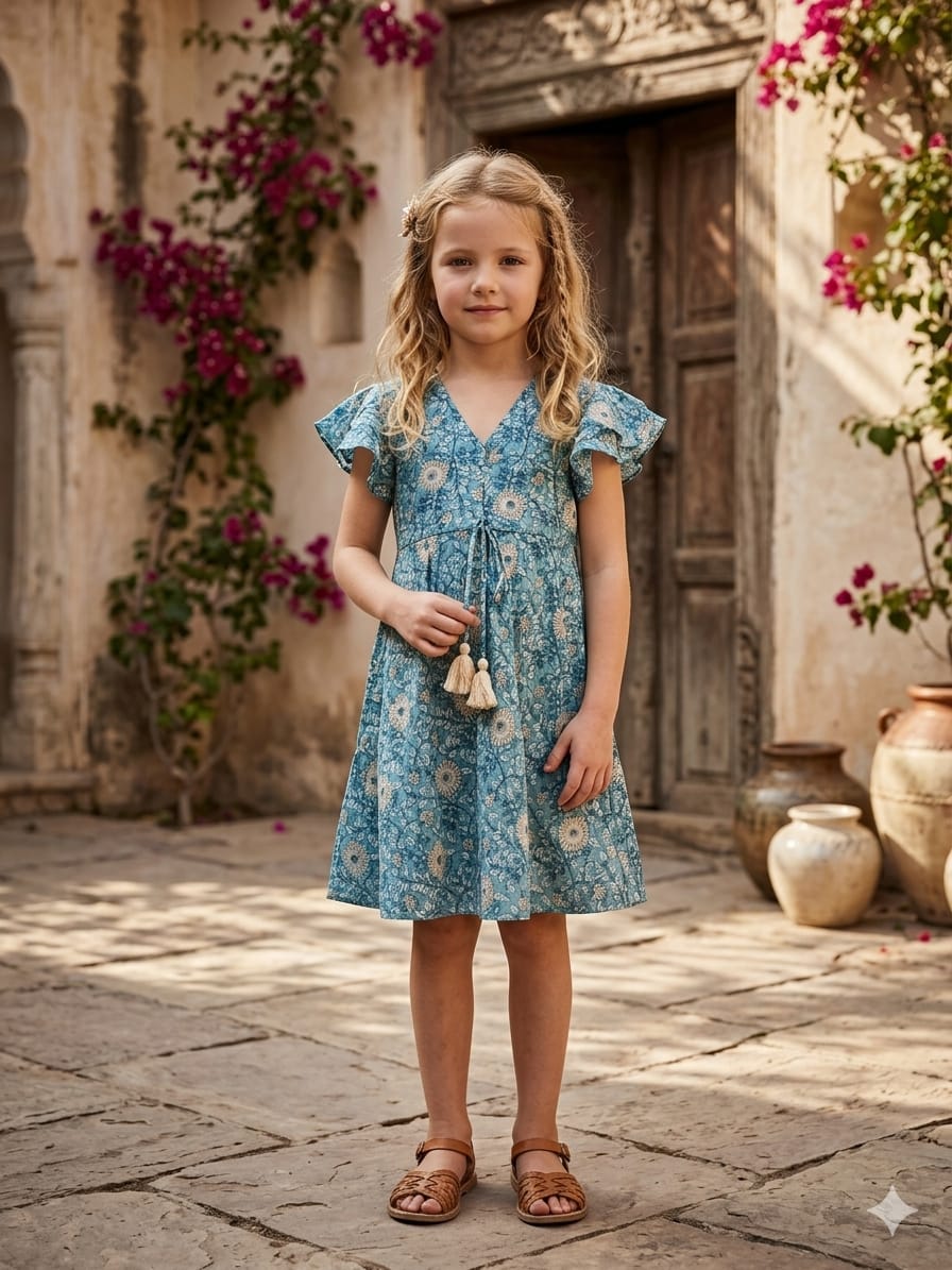 Mom & Me Blue Jaal Chanderi Umbrella Style A-Line Dress with Drawstring Waist