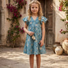 Baby Girls Blue Jaal Printed Chanderi Umbrella Style A-Line Dress with Flutter Sleeves