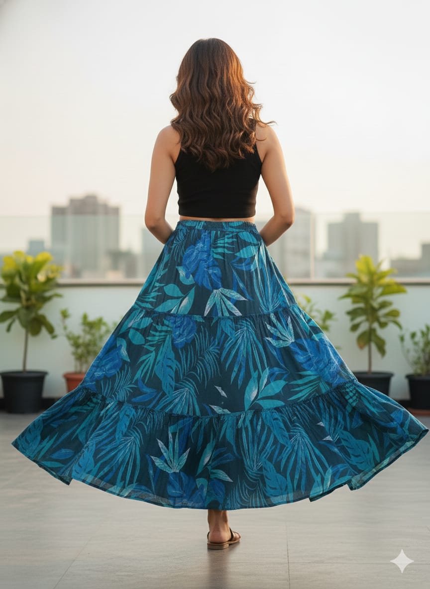 Women’s Turquoise Blue Leaf Printed Cotton Tiered Skirt