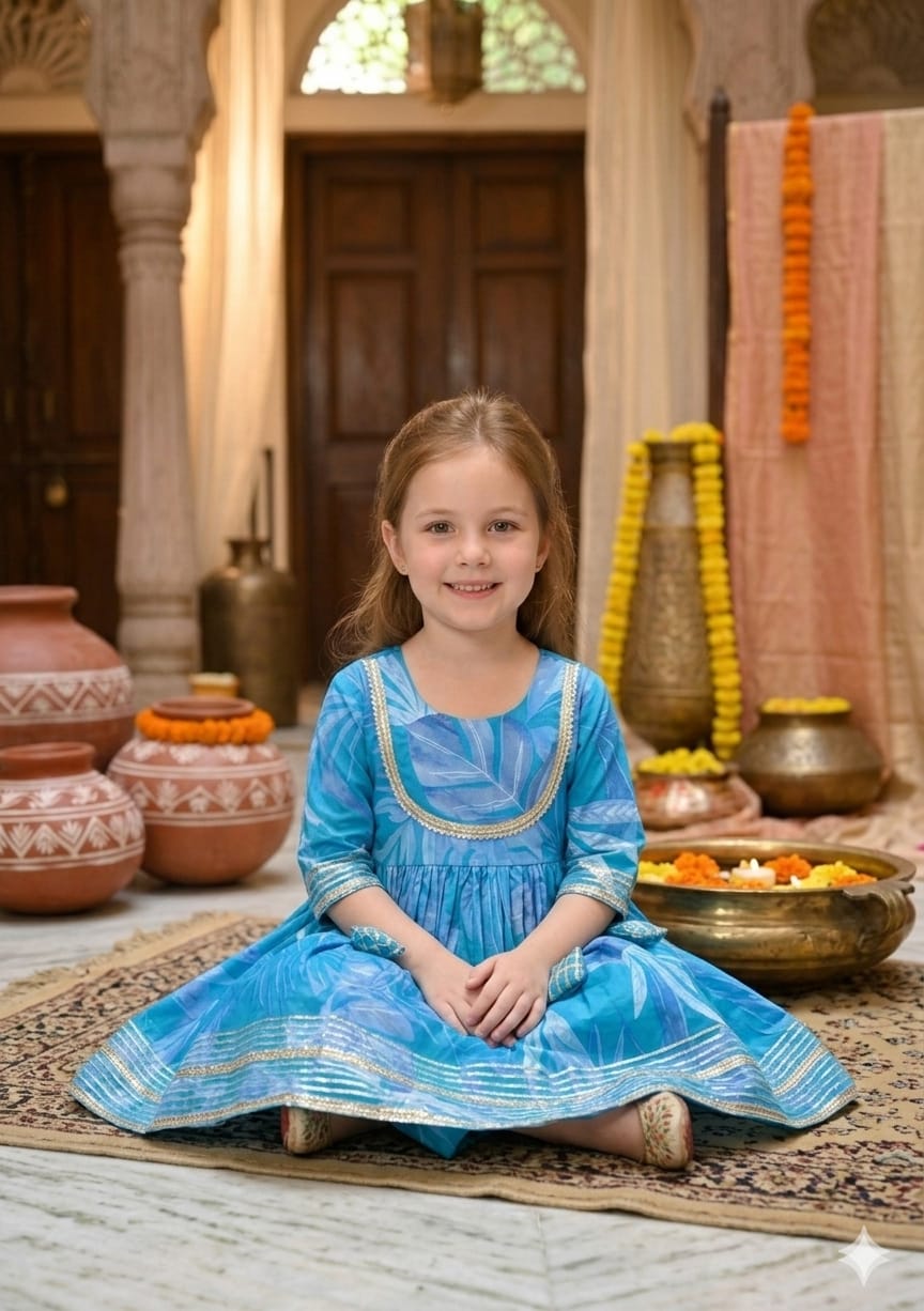 Baby Girl Blue Leaf Print Cotton Anarkali Kurta Set
