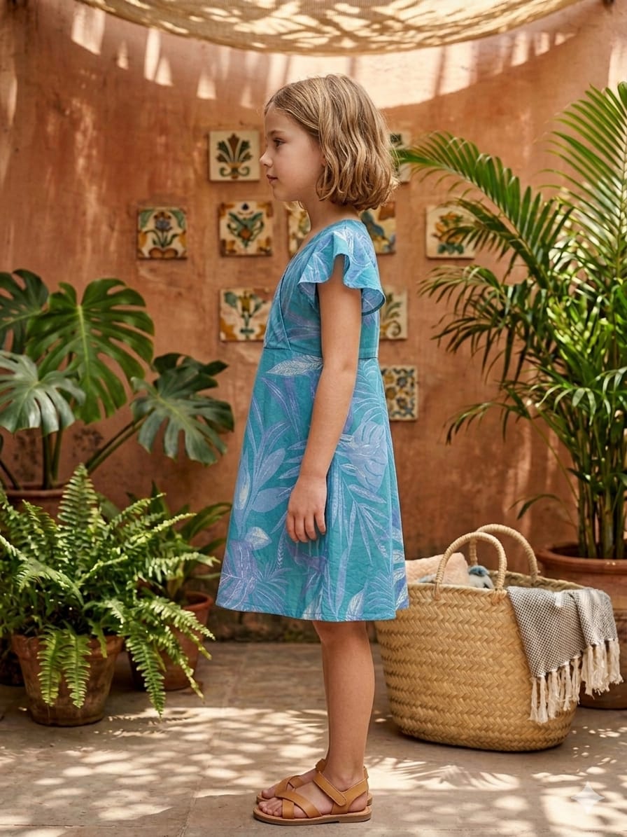Baby Girls Blue Leaf Printed Cotton Umbrella Style A-Line Dress with Flutter Sleeves