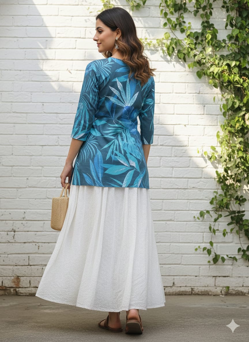 Women’s Blue Leaf Printed Cotton Kurta with Chikankari Flared Skirt Set