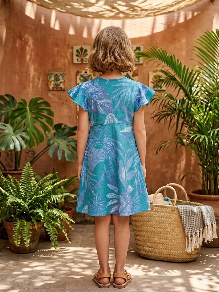 Baby Girls Blue Leaf Printed Cotton Umbrella Style A-Line Dress with Flutter Sleeves