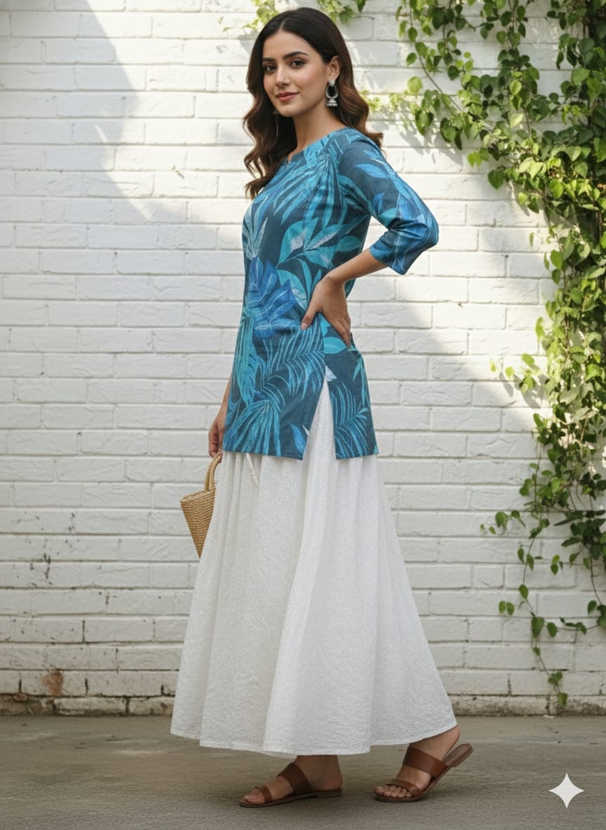 Women’s Blue Leaf Printed Cotton Kurta with Chikankari Flared Skirt Set