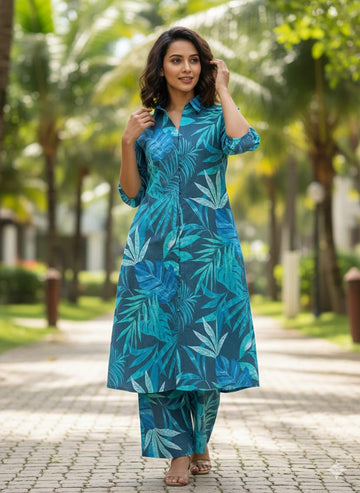 Women’s Teal Blue Tropical Leaf Printed Cotton Kurta Set with Straight Pants