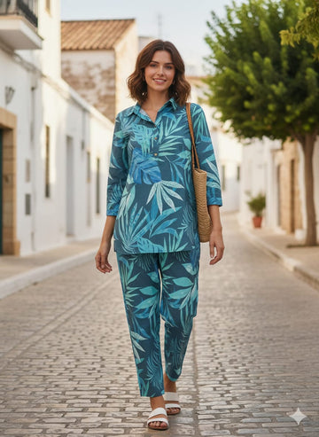 Women’s Blue Tropical Leaf Printed Cotton Shirt & Pant Co-Ord Set