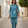 Women’s Blue Tropical Leaf Printed Cotton Shirt & Pant Co-Ord Set