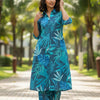 Women’s Teal Blue Tropical Leaf Printed Cotton Kurta Set with Straight Pants