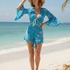 Women’s Blue Leaf Printed Cotton Beach Wear Set with Tie-Up Top & Shorts