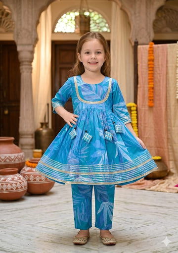 Baby Girl Blue Leaf Print Cotton Anarkali Kurta Set