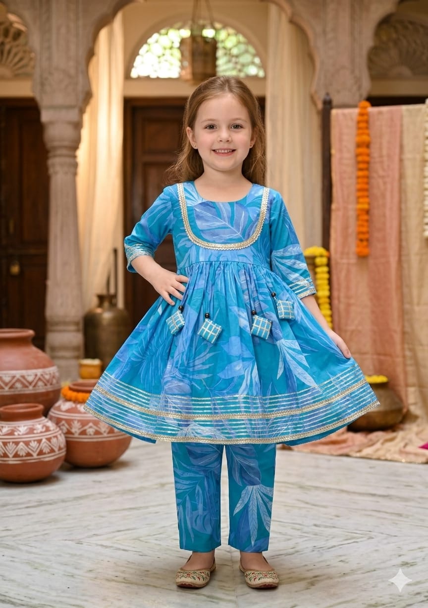 Baby Girl Blue Leaf Print Cotton Anarkali Kurta Set