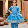 Baby Girl Blue Leaf Print Cotton Anarkali Kurta Set