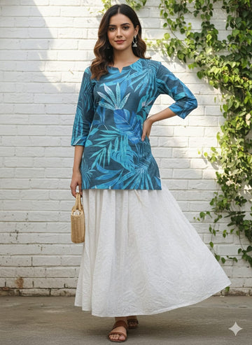 Women’s Blue Leaf Printed Cotton Kurta with Chikankari Flared Skirt Set