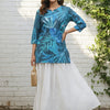 Women’s Blue Leaf Printed Cotton Kurta with Chikankari Flared Skirt Set