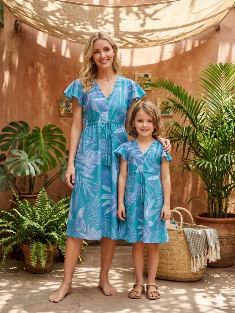 Mom & Me Blue Leaf Printed Cotton Umbrella Style A-Line Dress with Drawstring Waist