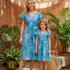 Mom & Me Blue Leaf Printed Cotton Umbrella Style A-Line Dress with Drawstring Waist
