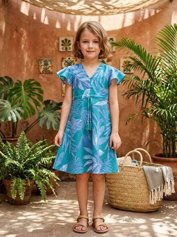 Baby Girls Blue Leaf Printed Cotton Umbrella Style A-Line Dress with Flutter Sleeves