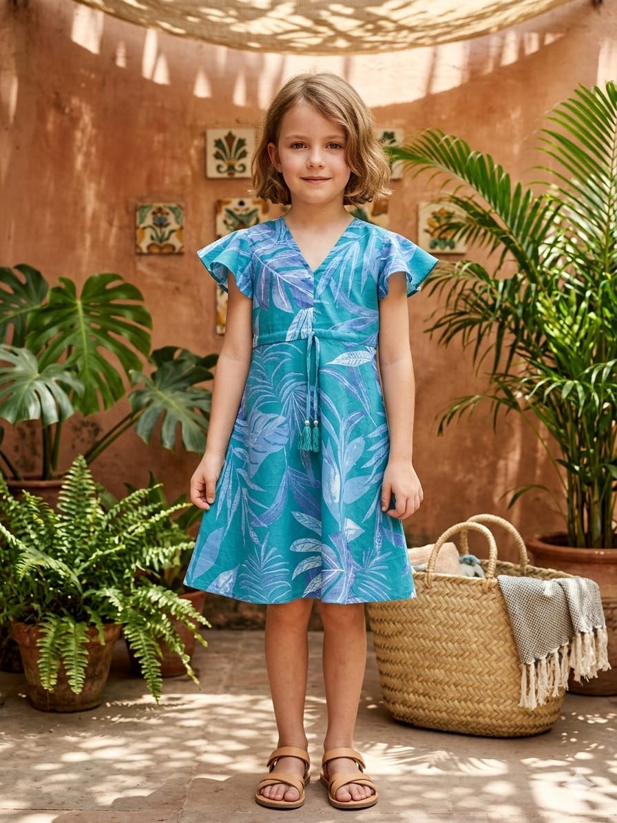 Baby Girls Blue Leaf Printed Cotton Umbrella Style A-Line Dress with Flutter Sleeves