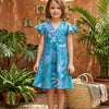Baby Girls Blue Leaf Printed Cotton Umbrella Style A-Line Dress with Flutter Sleeves