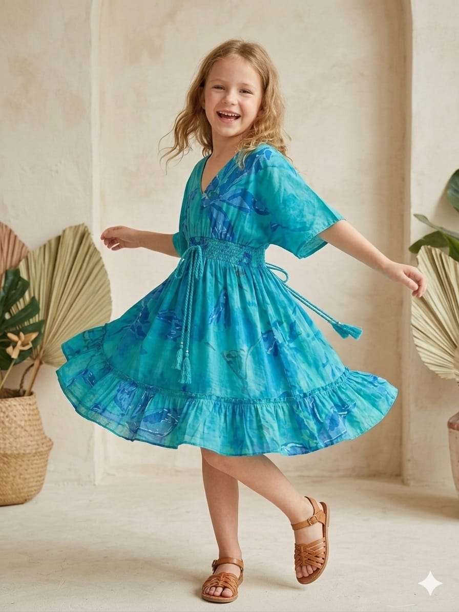 Baby Girls Blue Marbel Printed Cotton Kaftan A-Line Dress