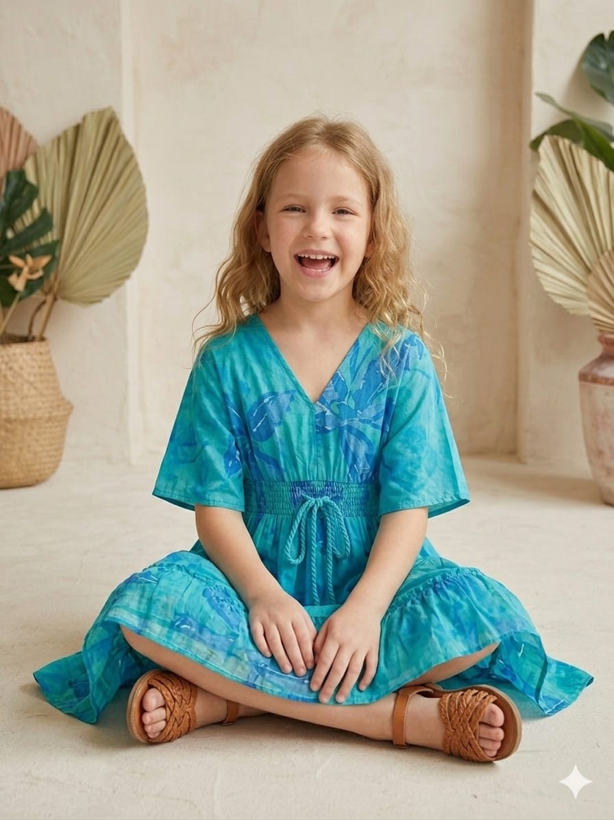 Baby Girls Blue Marbel Printed Cotton Kaftan A-Line Dress
